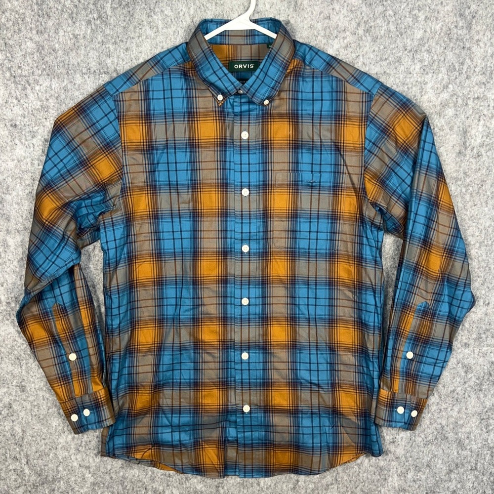 Orvis Men's Plaid Button Down Shirt Blue Orange Wrinkle Free Classic Fit Medium